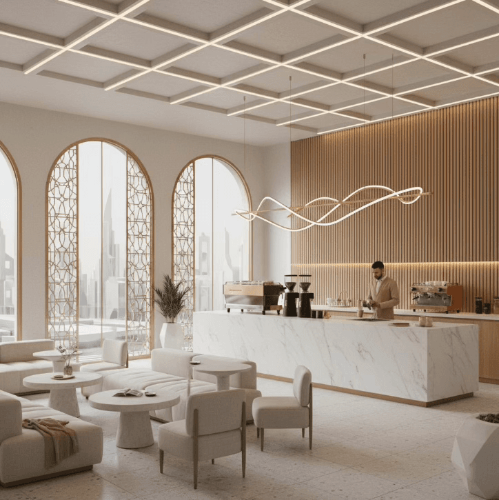 ☕ Modern Café Interior with Elegant Finishes