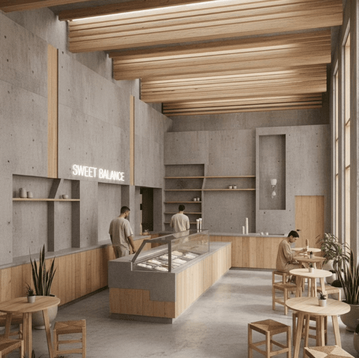 🍦 Industrial Minimalist Ice Cream Shop Interior